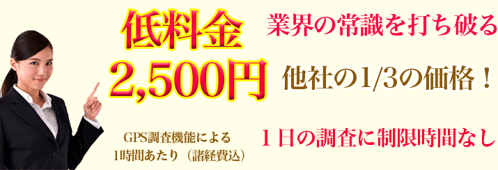 GPS調査機能による調査が1時間あたり低料金2,500円(諸経費込)。他社の1/3の価格!1日の調査に制限時間なし。